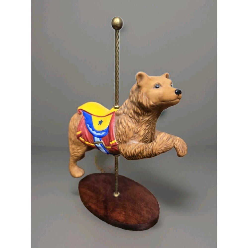 Franklin Mint Treasury Carousel Bear Figurine Wooden Display Base Vintage